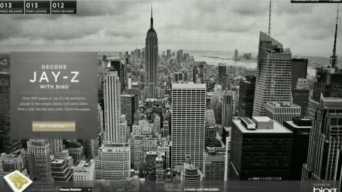 The Decode Jay-Z with Bing game interface layered over a map-like view of New York City