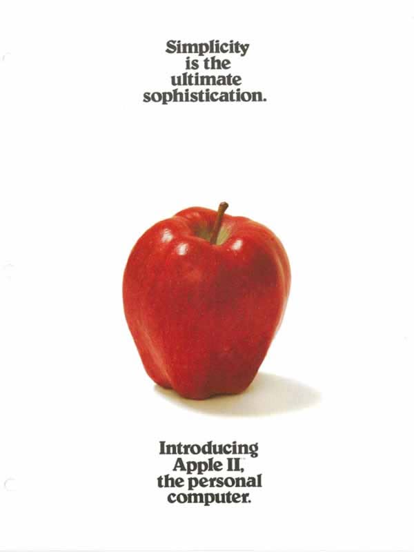 The complete Apple II brochure cover: a red apple between the headlines Simplicity is the ultimate sophistication and Introducing Apple II, the personal computer.