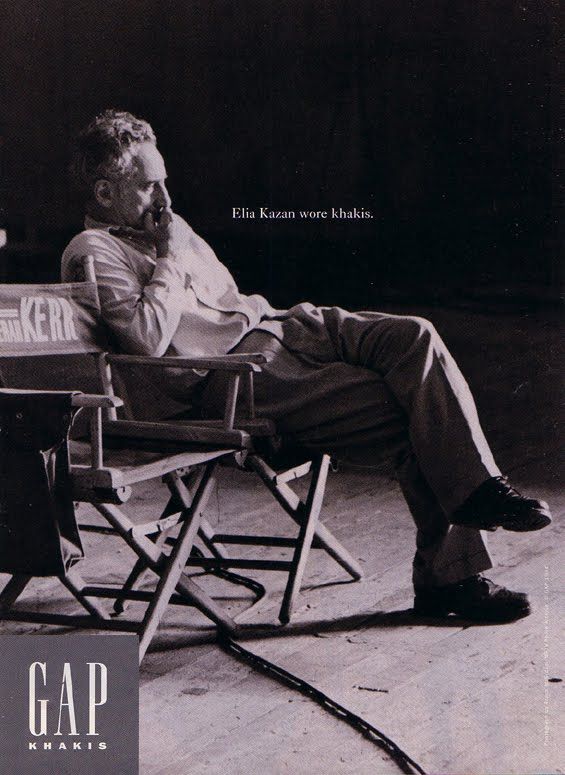 Gap Who Wore Khakis ad with Elia Kazan seated in a director’s chair, a small caption and the Gap Khakis logo.