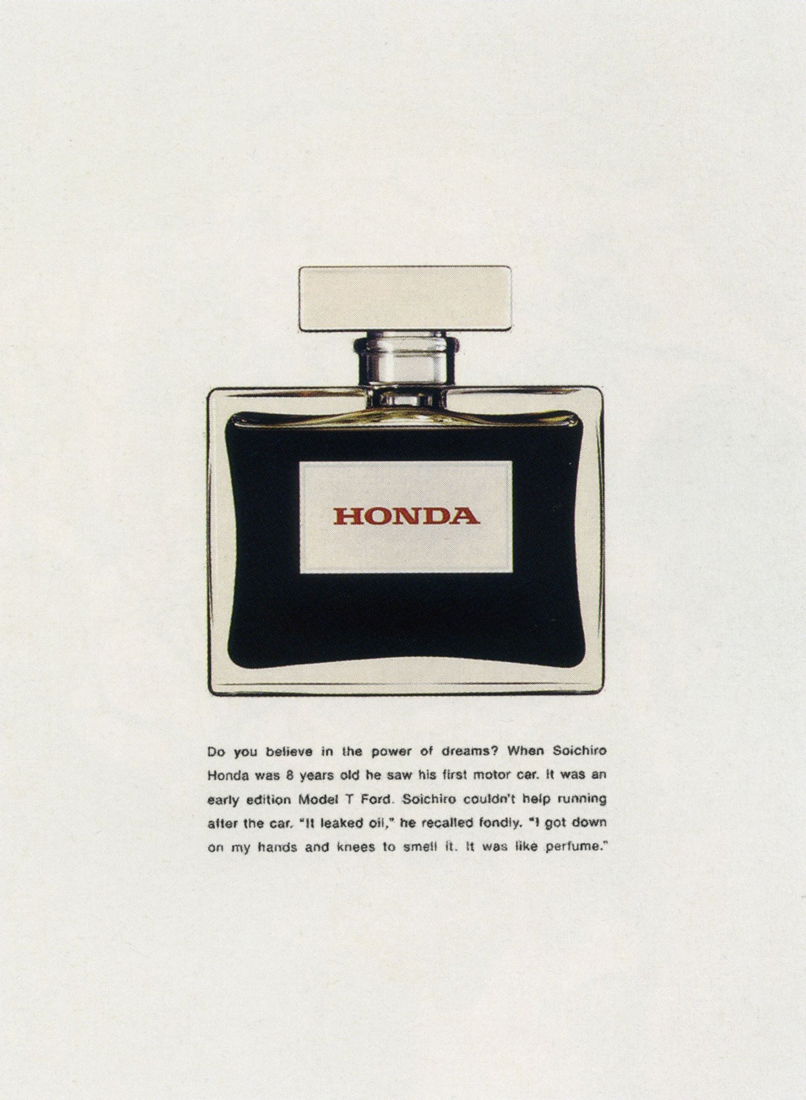 Honda print ad showing a perfume bottle filled with dark oil above a short story about Soichiro Honda.