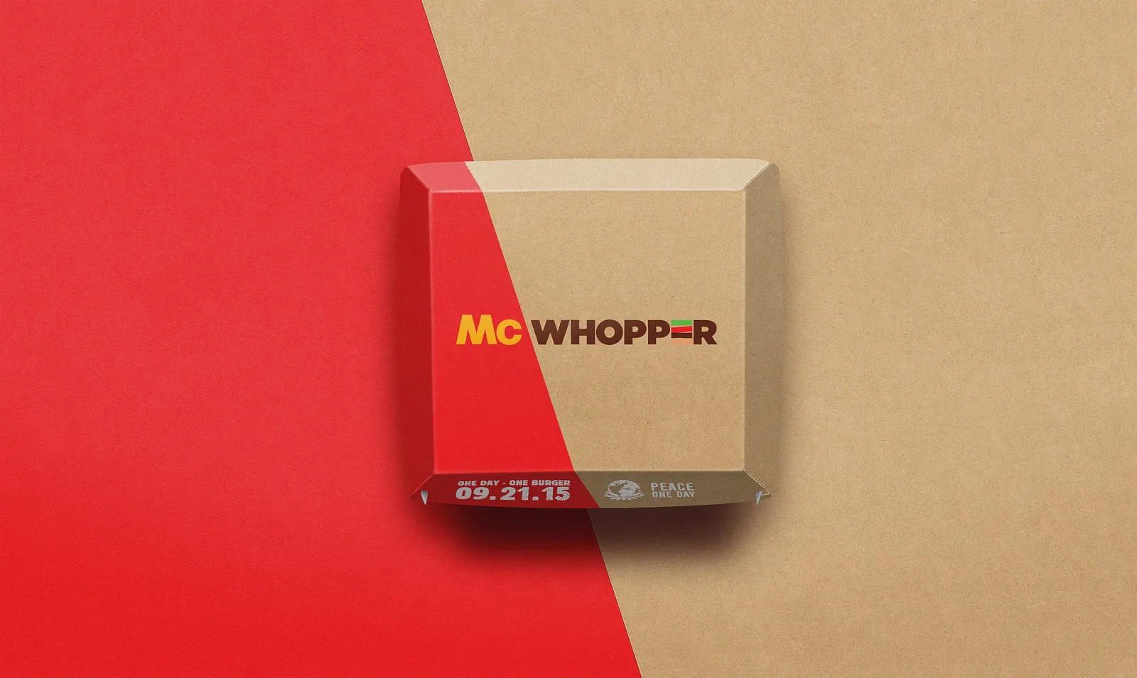 The proposed McWhopper package on a surface split between McDonald's red and Burger King tan