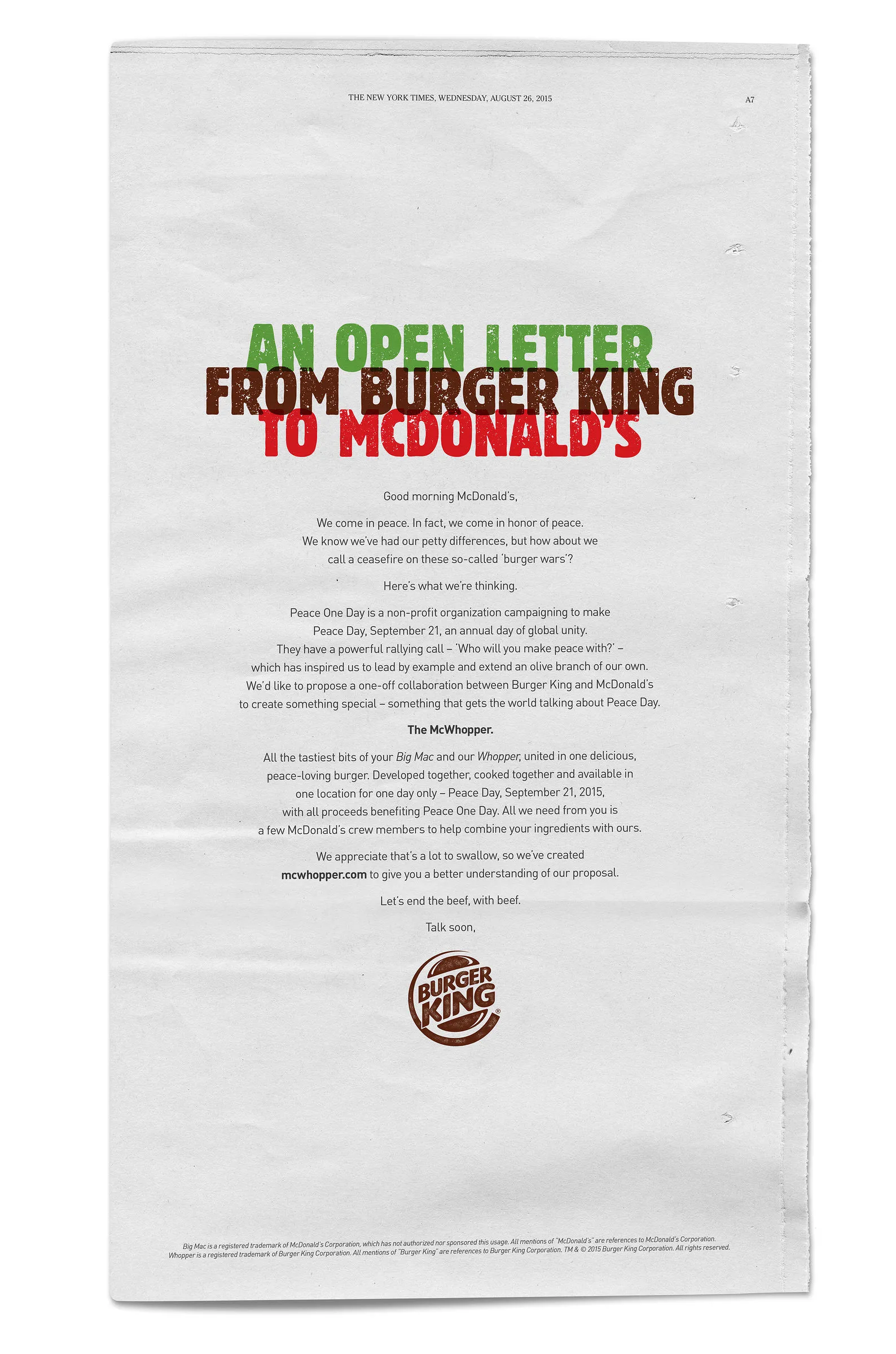 Burger King's full-page open letter inviting McDonald's to make the McWhopper for Peace Day