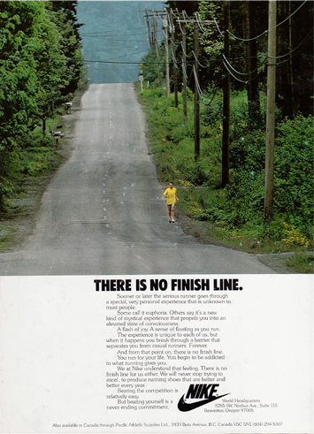 A runner in a yellow shirt on a long tree-lined road above Nike’s There Is No Finish Line headline and body copy.