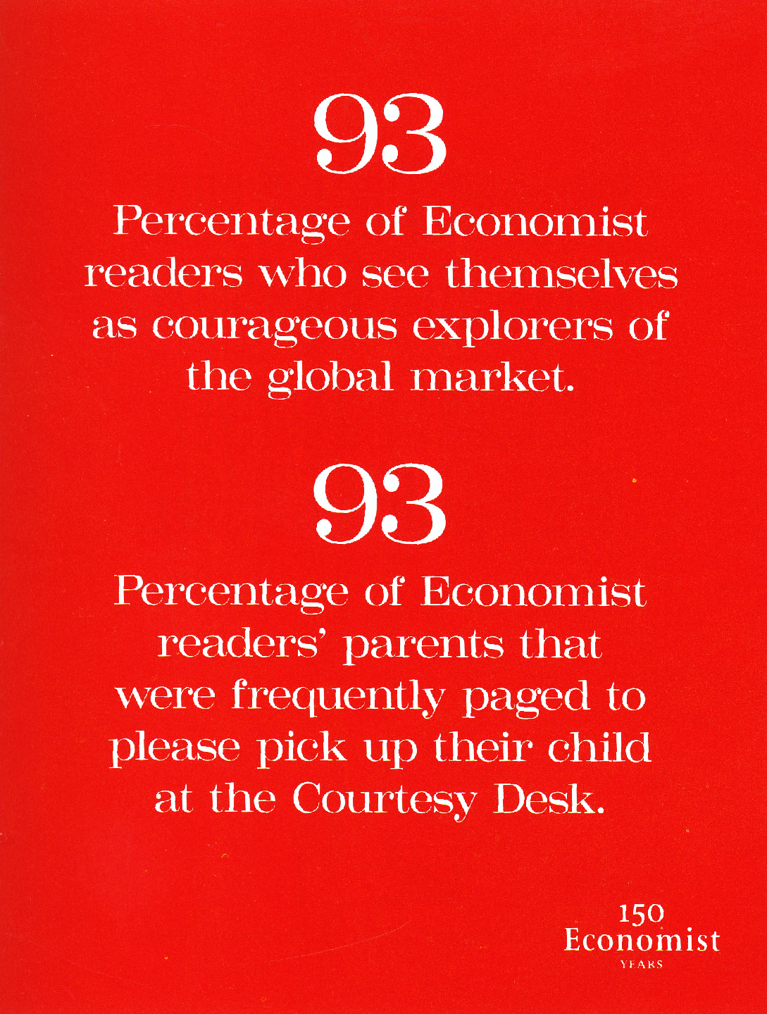 Red Economist 150th-anniversary poster contrasting readers who see themselves as courageous explorers with parents called to a courtesy desk.