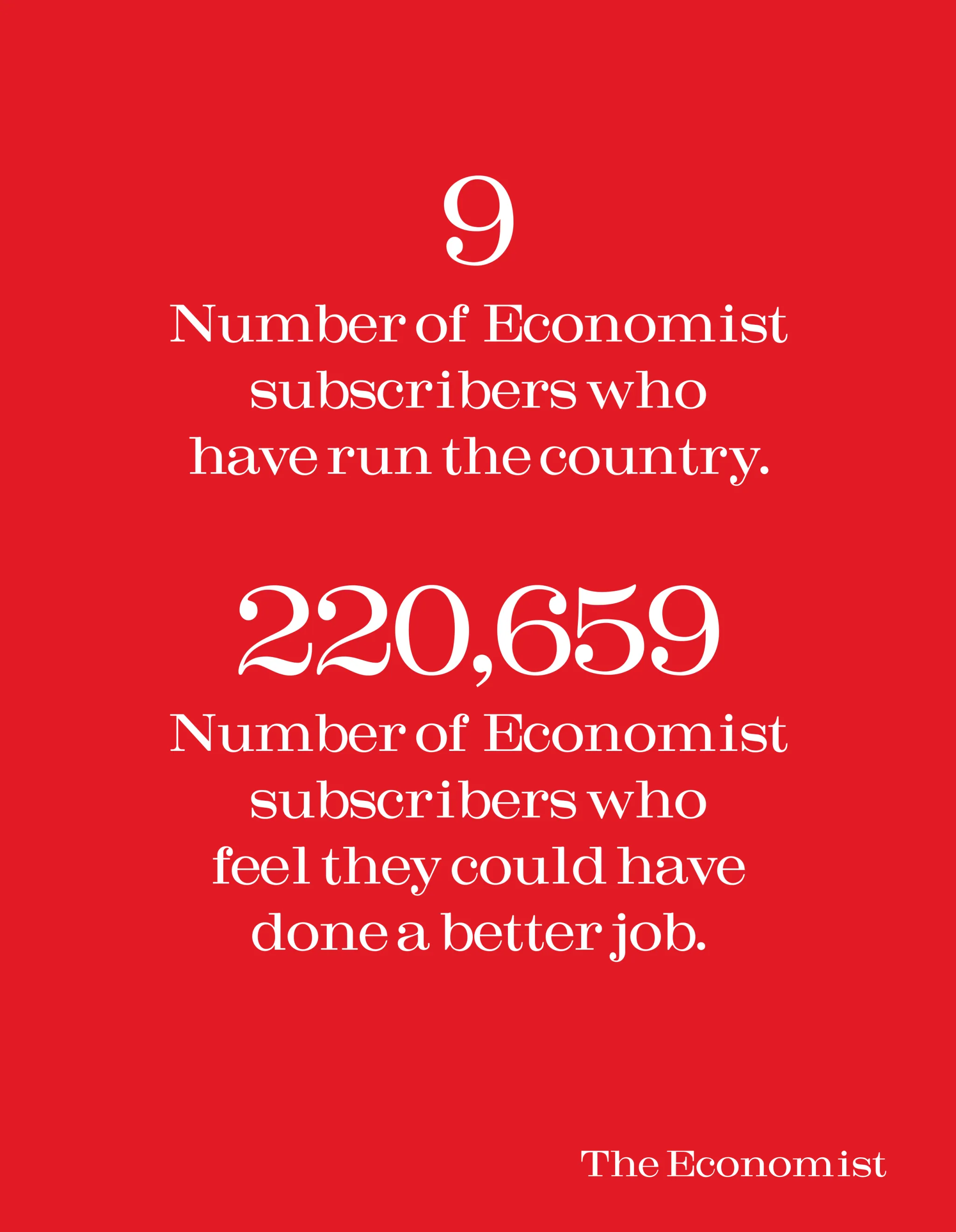 Red Economist poster comparing nine subscribers who have run the country with 220,659 who think they could have done better.