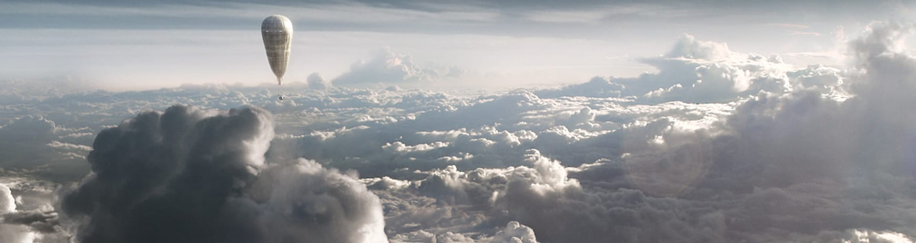 A panoramic split image joins a balloon above the clouds to a bathyscaphe descending into the ocean.