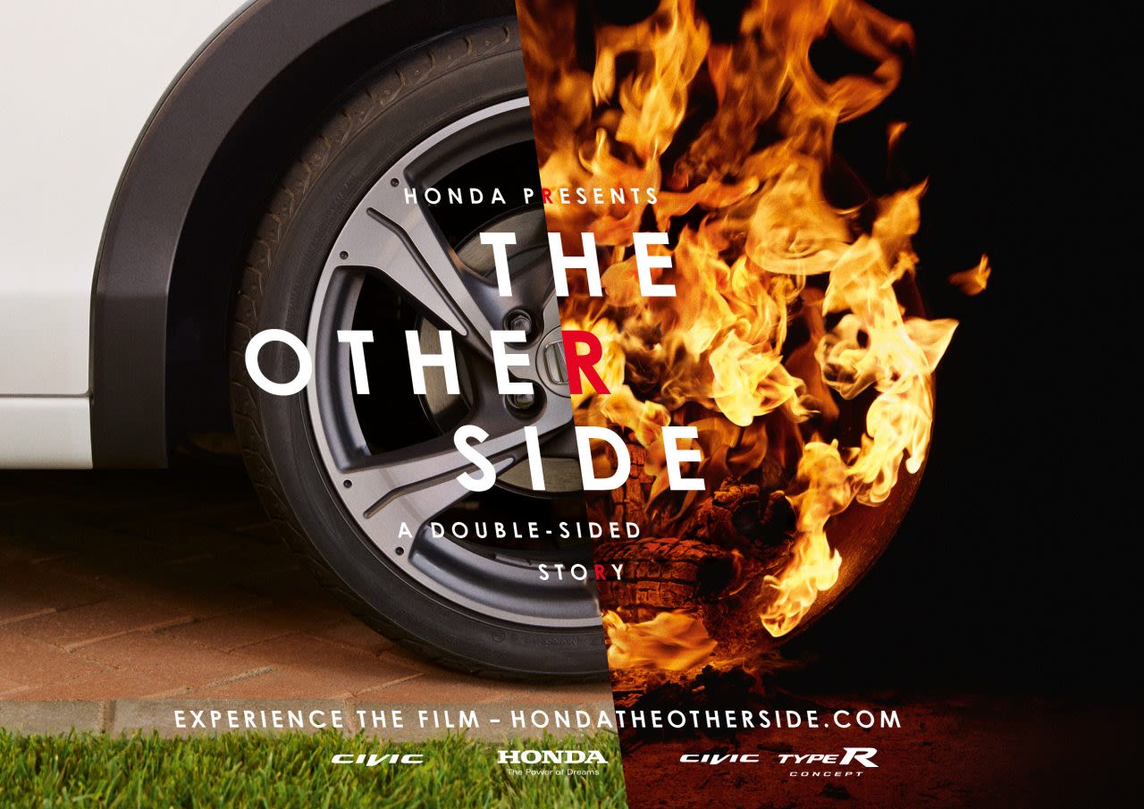 A Honda wheel is split between an ordinary driveway in daylight and a burning tire at night.