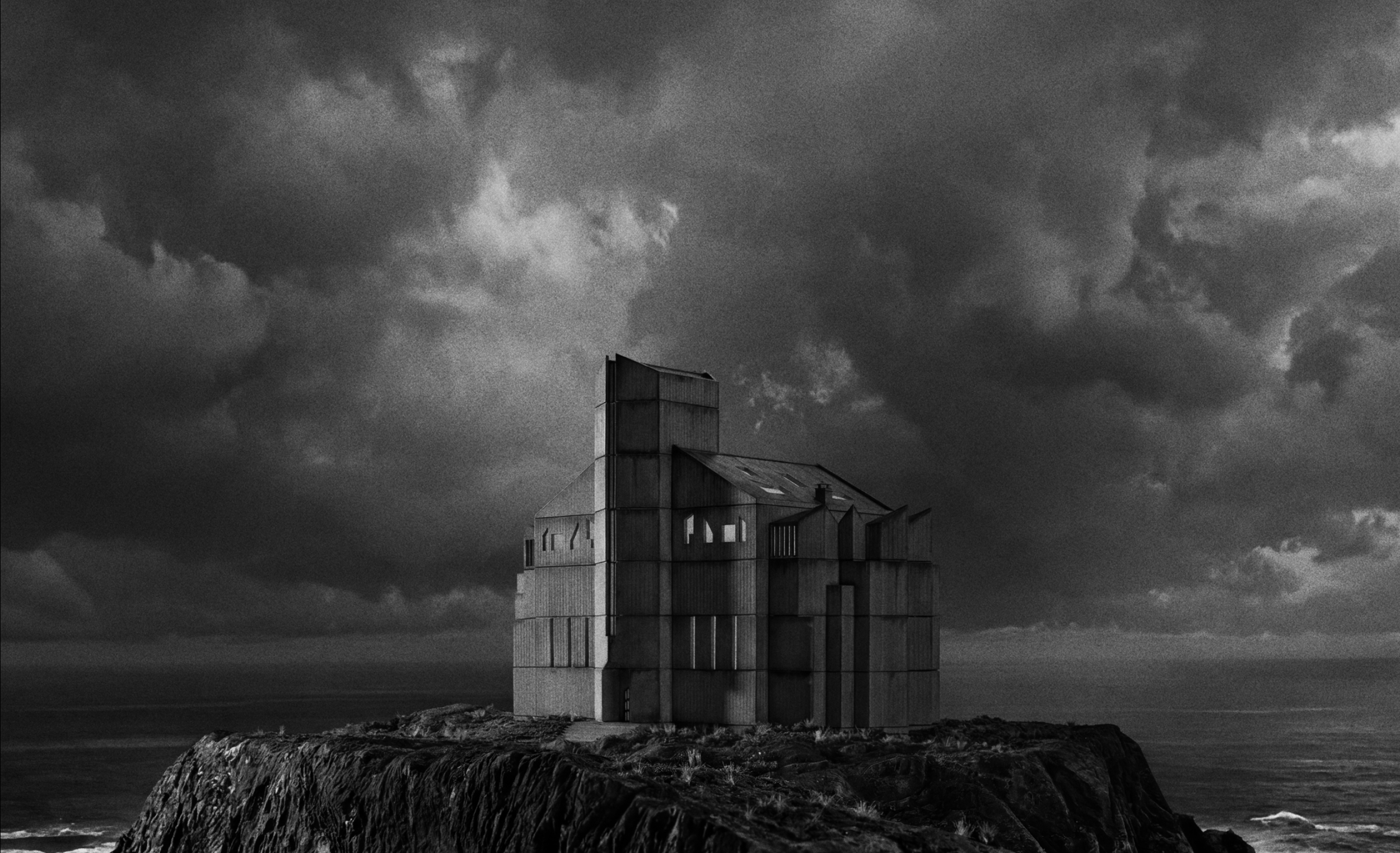 A brutalist mansion stands alone on a rocky island beneath heavy black-and-white storm clouds.