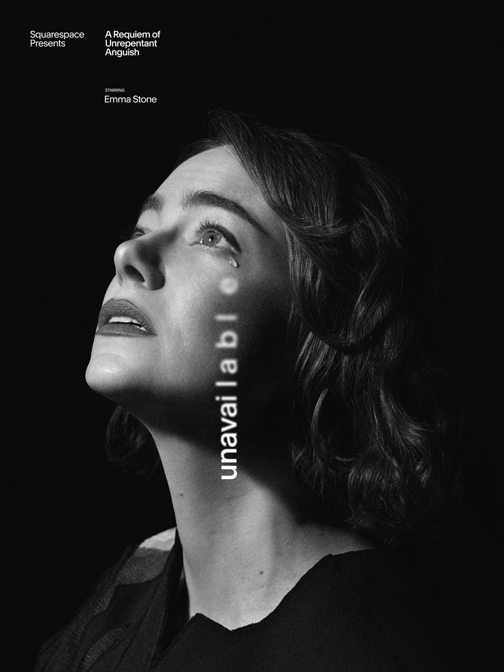 A black-and-white poster shows Emma Stone looking upward beneath the title A Requiem of Unrepentant Anguish.