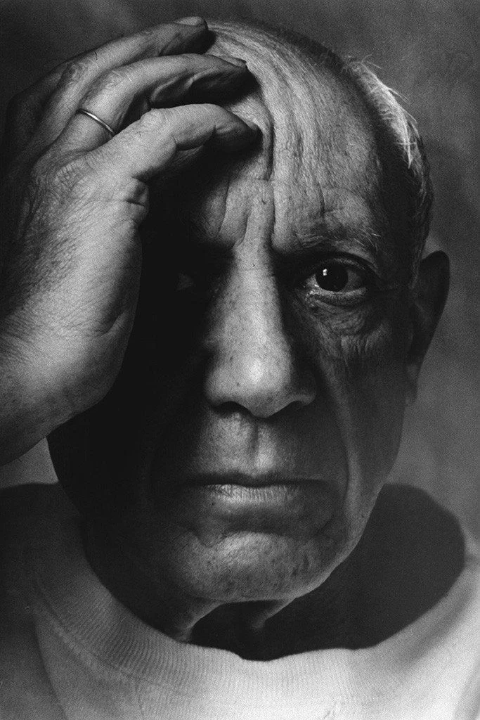 Arnold Newman's black-and-white close-up portrait of Pablo Picasso with a hand on his forehead