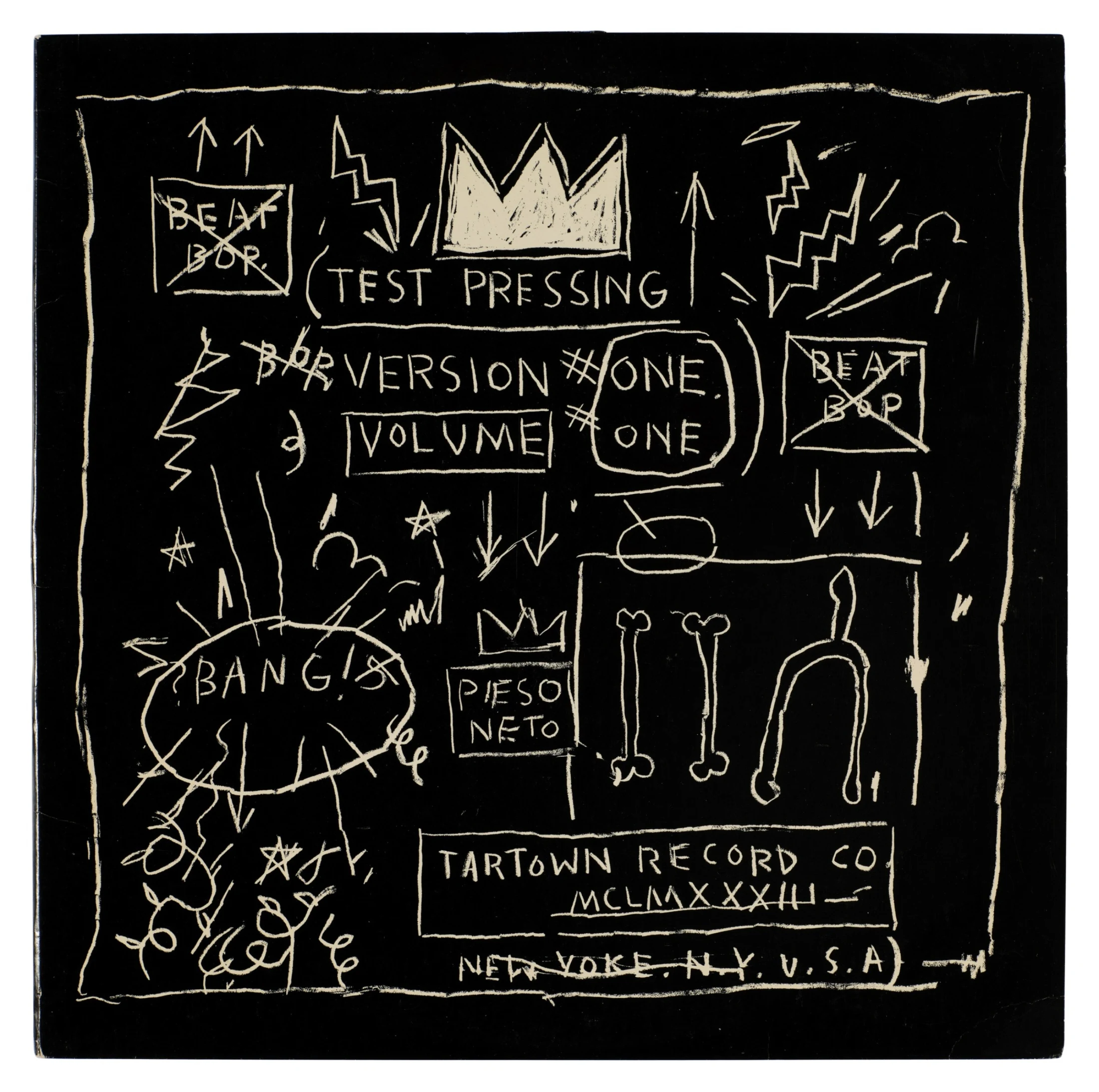 Jean-Michel Basquiat's black record cover for Beat Bop with off-white line drawings and lettering