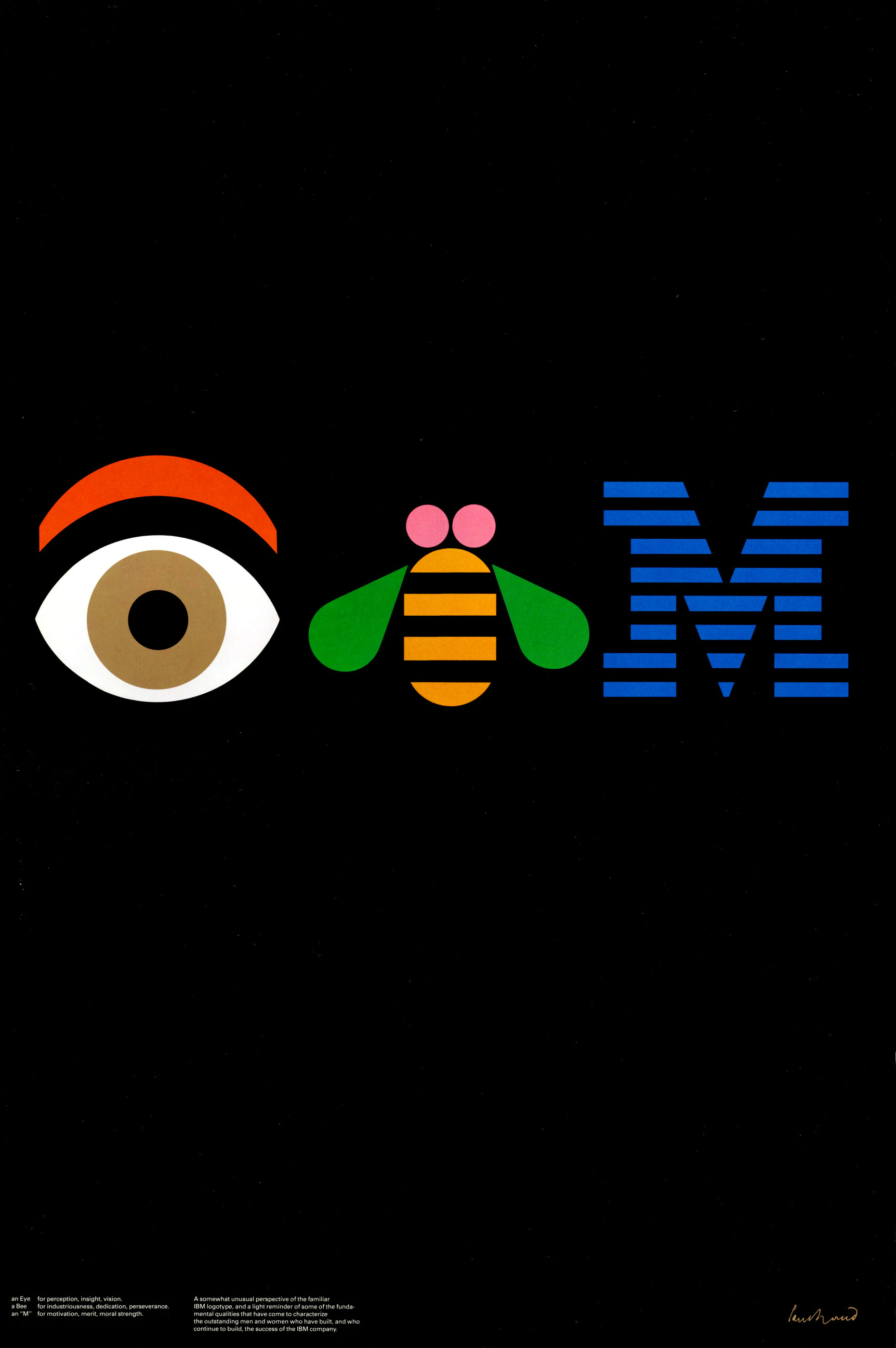 Paul Rand’s black IBM rebus poster with an eye, a bee and a striped M above small explanatory copy.