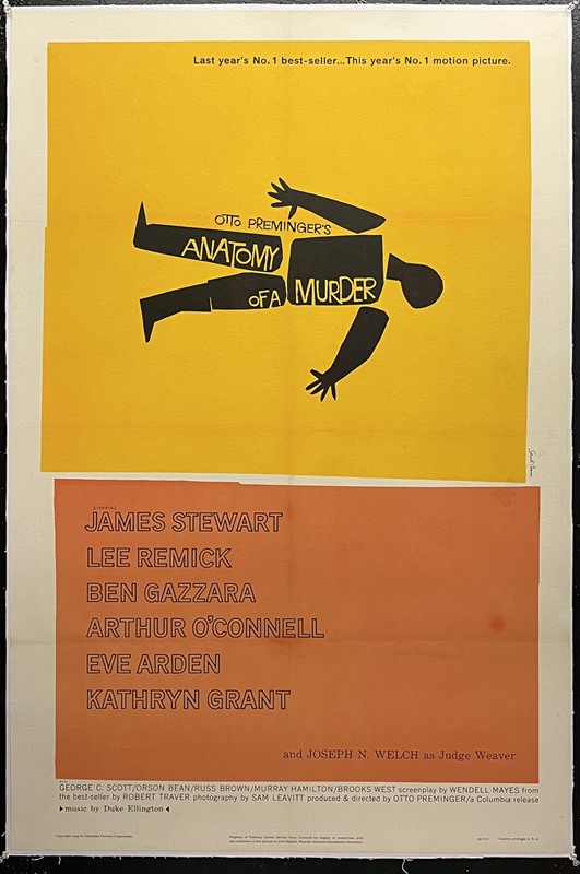 Saul Bass’s Anatomy of a Murder poster with a fragmented black body on yellow above an orange cast-credit panel.